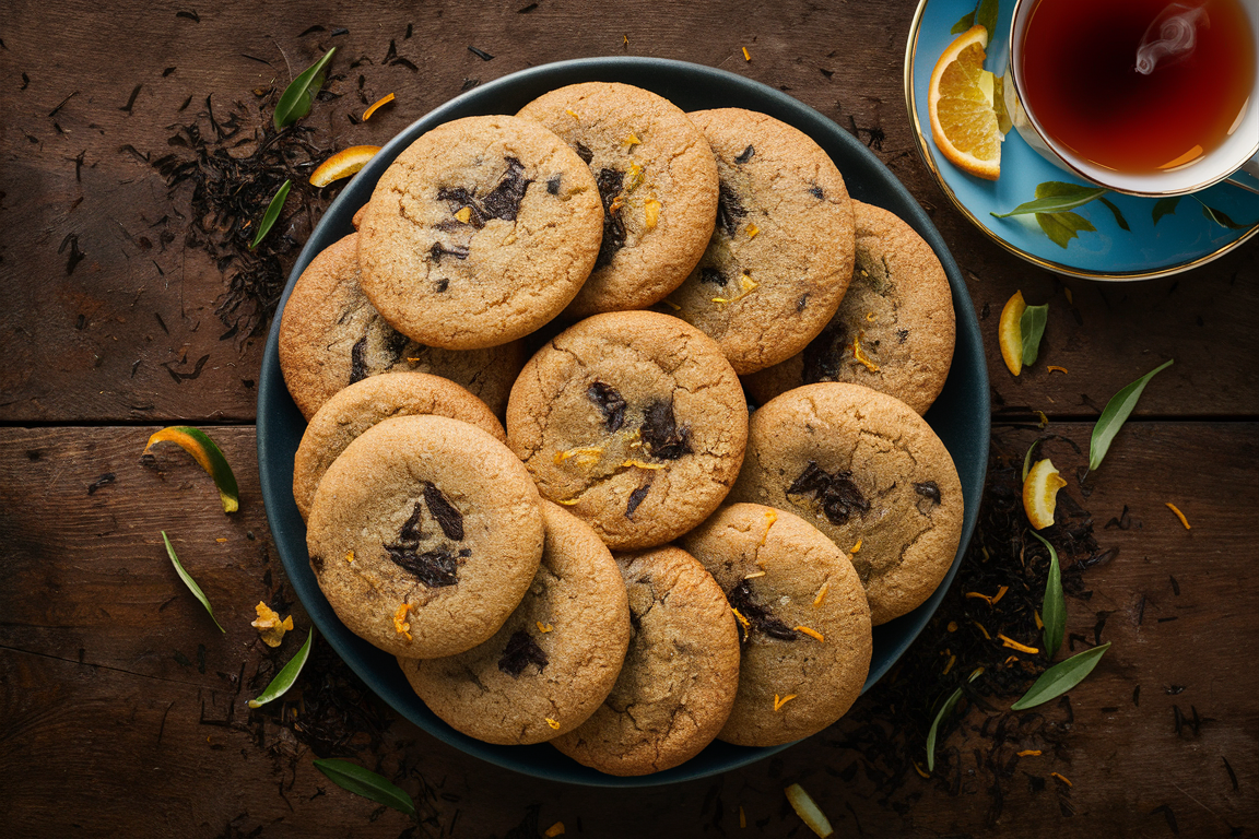 Freshly baked Earl Grey cookies with a hint of orange zest, served on a rustic wooden table alongside a cup of Earl Grey tea