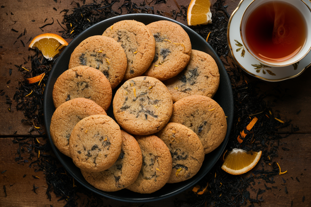 Freshly baked Earl Grey cookies with a hint of orange zest, served on a rustic wooden table alongside a cup of Earl Grey tea.