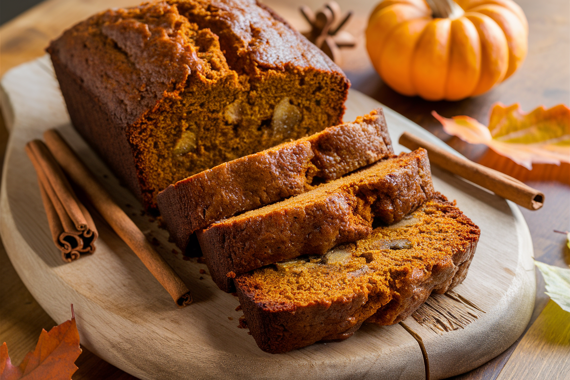 Freshly baked Pumpkin Banana Loaf sliced on a wooden board with cinnamon sticks, a small pumpkin, and fall leaves