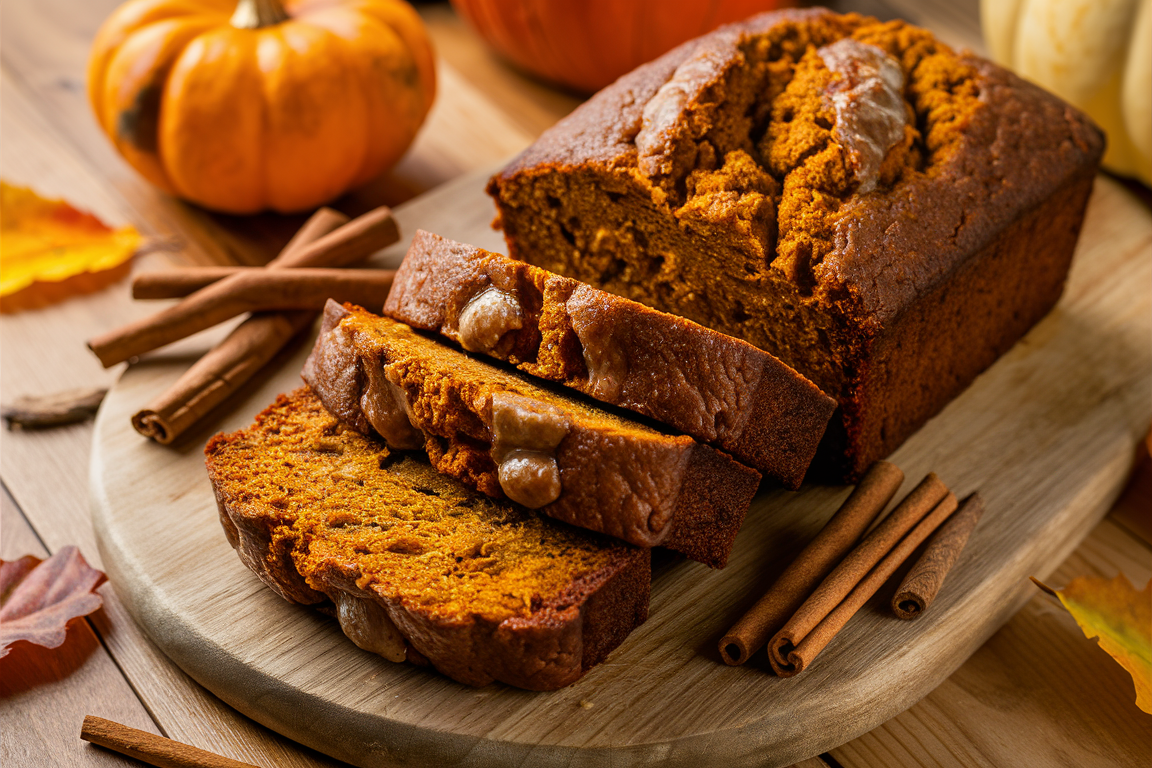 Freshly baked Pumpkin Banana Loaf sliced on a wooden board with cinnamon sticks, a small pumpkin, and fall leaves.