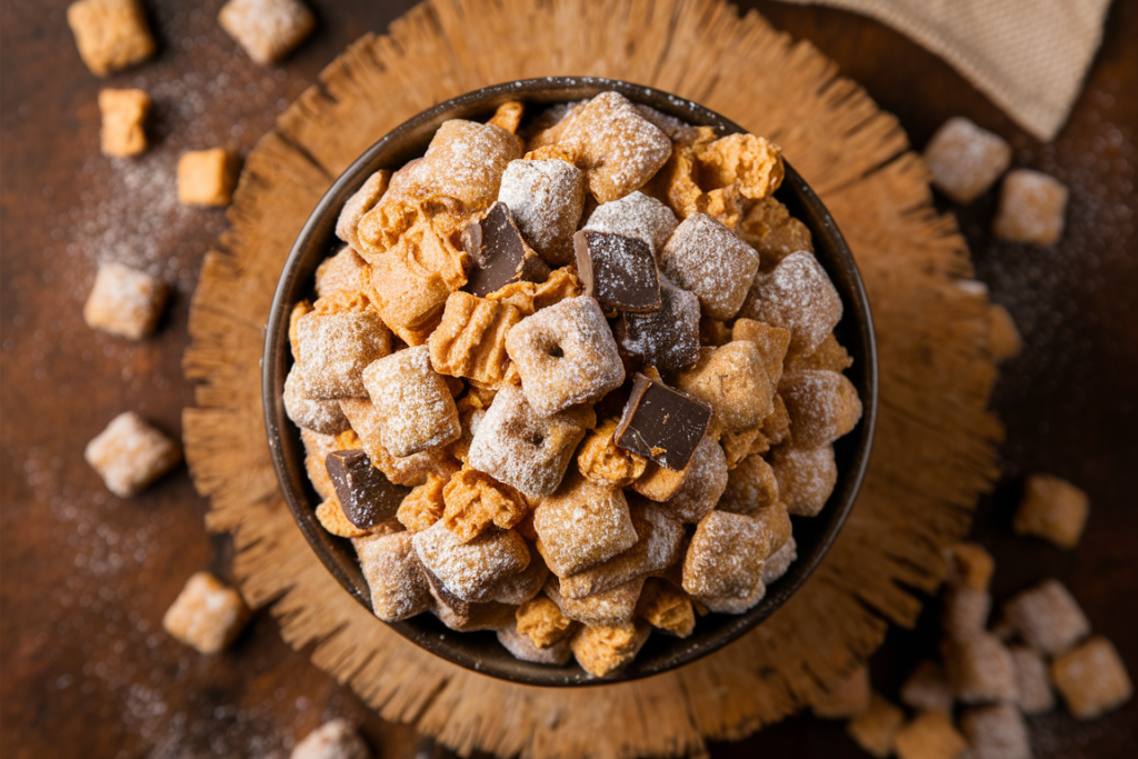 Bowl of homemade Muddy Buddies coated in powdered sugar with visible Chex cereal, chocolate, and peanut butter on a rustic wooden background