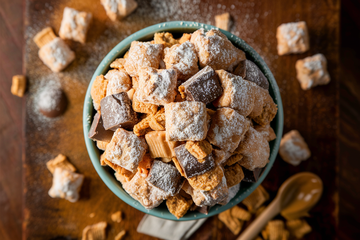 Bowl of homemade Muddy Buddies coated in powdered sugar with visible Chex cereal, chocolate, and peanut butter on a rustic wooden background