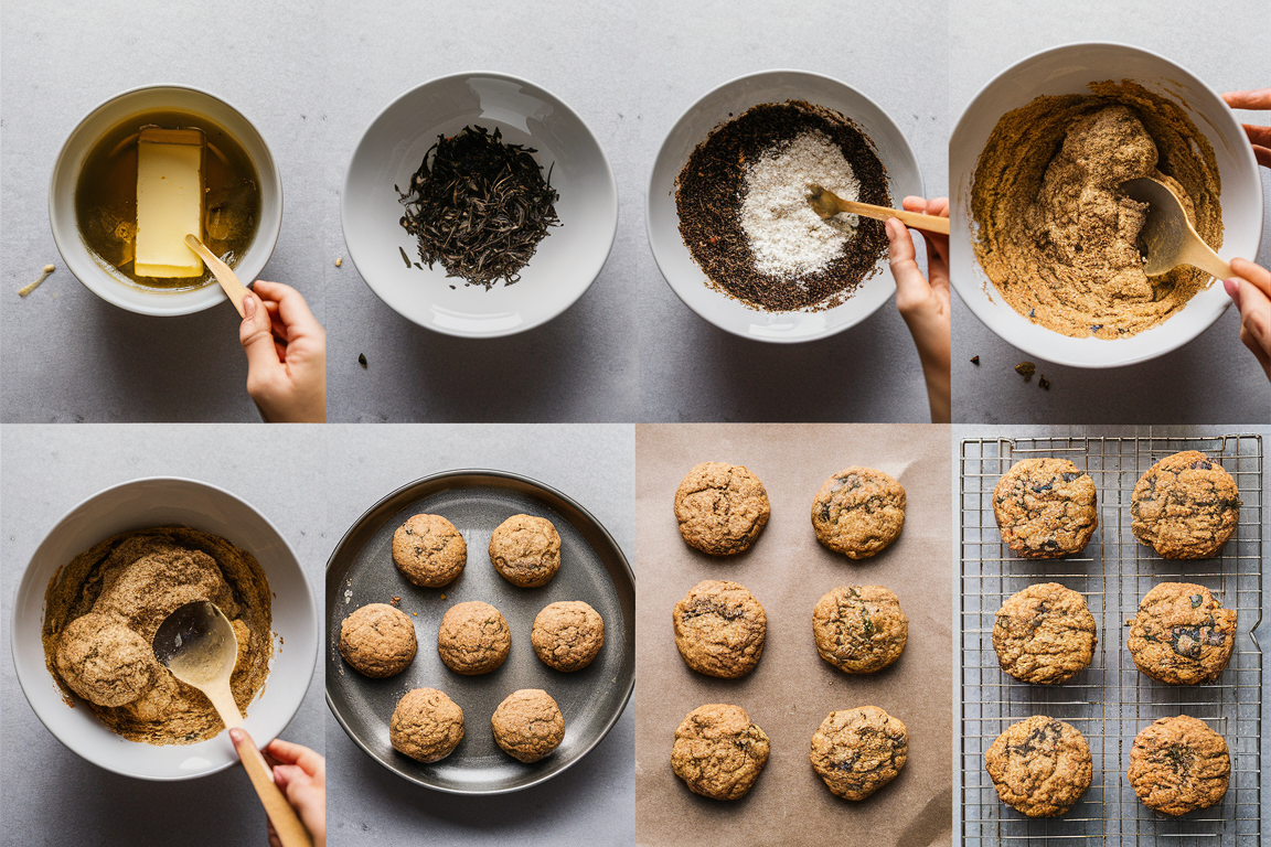 Step-by-step visual guide to making Earl Grey cookies, from melting butter and infusing tea leaves to baking and cooling the cookies