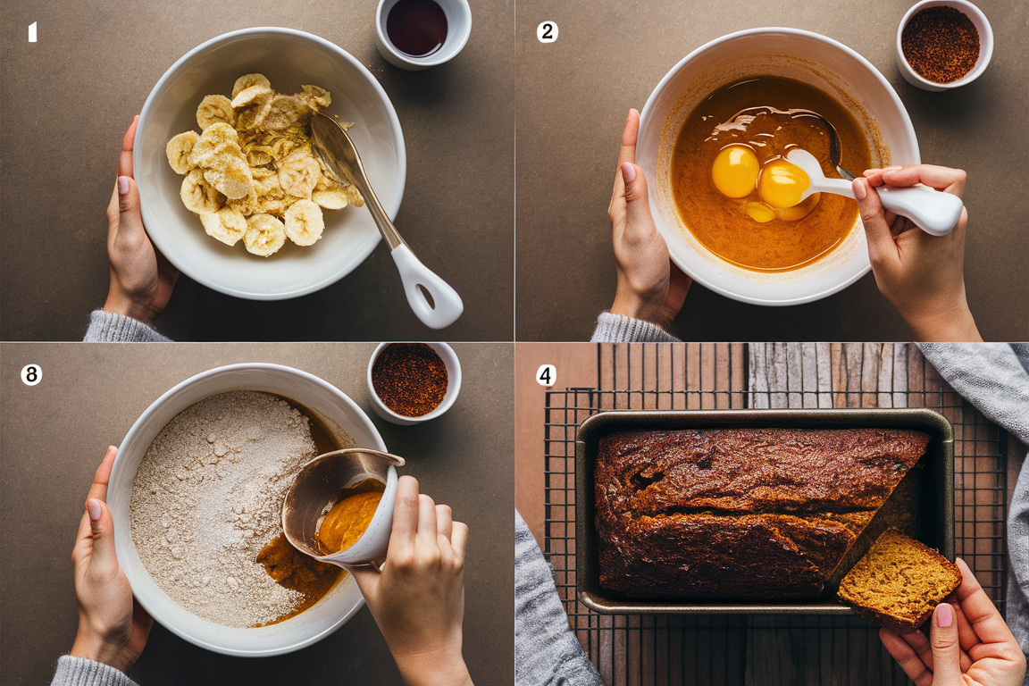 Step-by-step visual guide to making Pumpkin Banana Loaf, from mashing bananas to the final baked loaf cooling on a wire rack