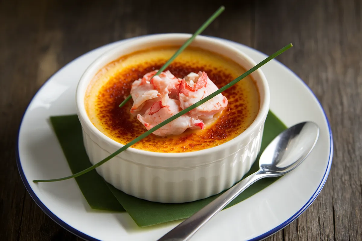 Crab Brulee served in a ramekin with a caramelized sugar crust and fresh chives.