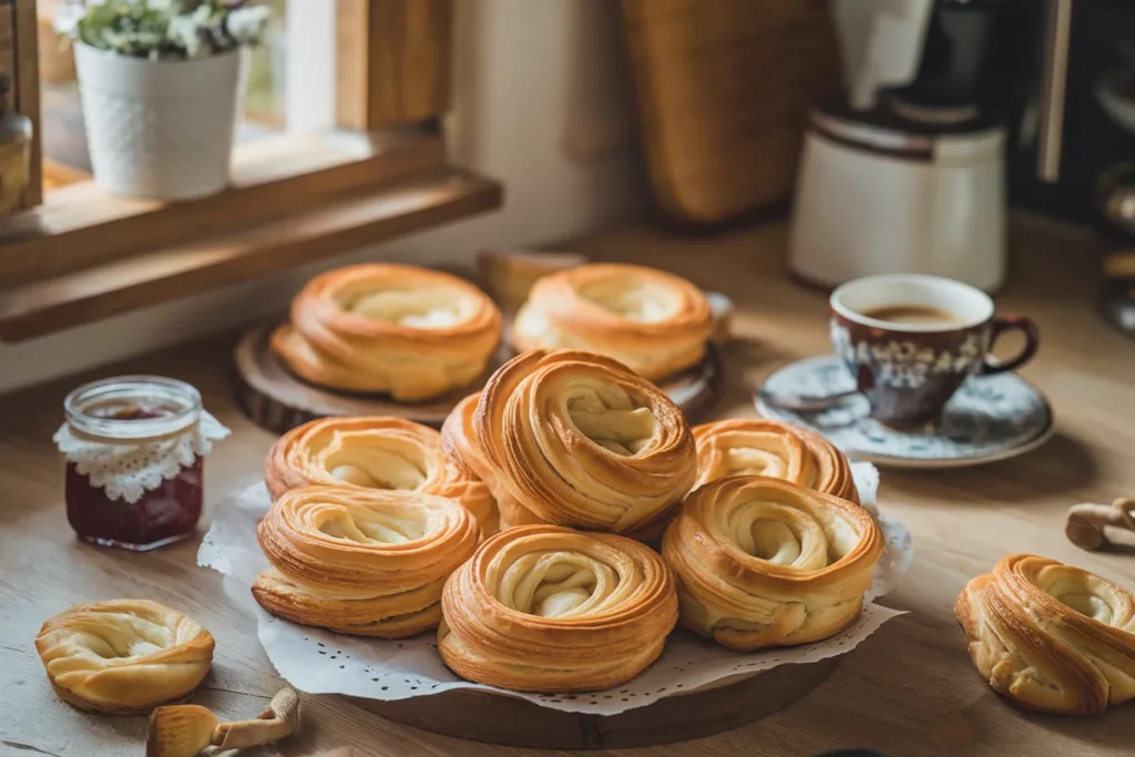 Golden, flaky pastries from a Gipfeli recipe served with coffee and jam.