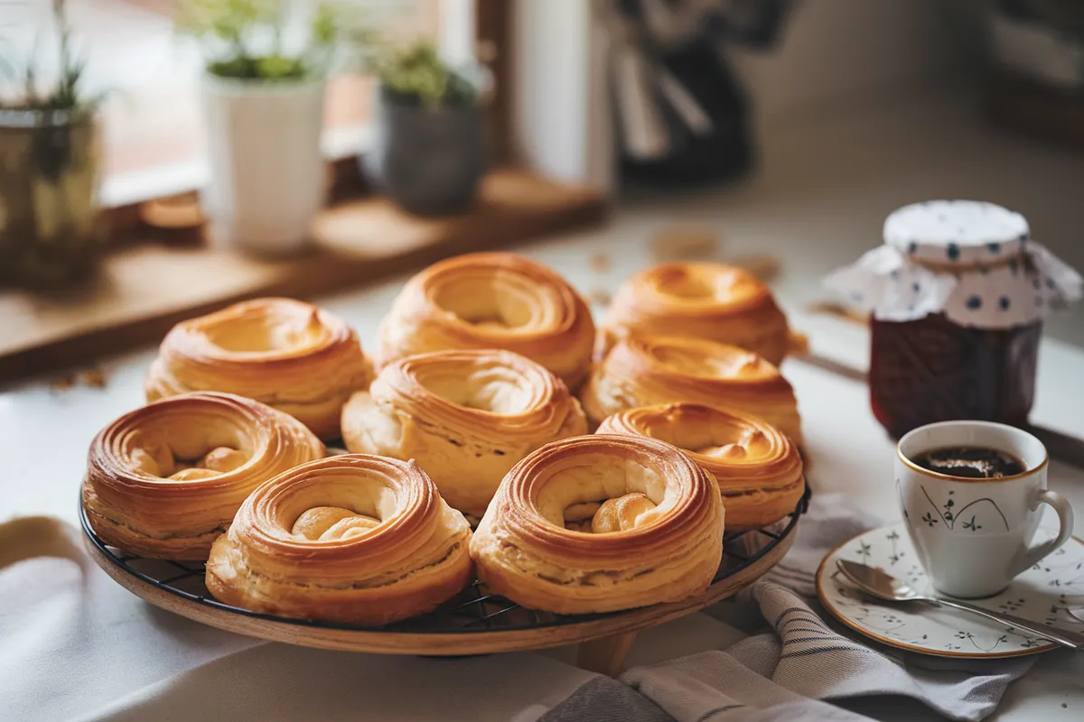 Golden, flaky pastries from a Gipfeli recipe served with coffee and jam.