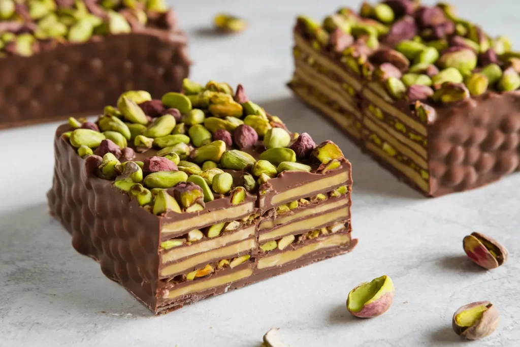 Pistachio Knafeh Chocolate Bar with layers of crispy Knafeh and pistachios, coated in rich chocolate