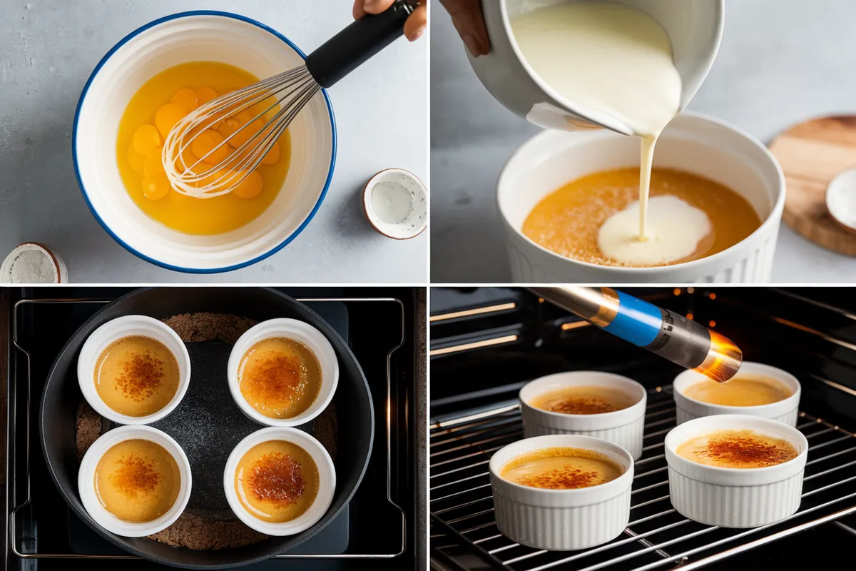 Four-step process of making crème brûlée, from whisking egg yolks and sugar, adding warm cream, baking in a water bath, to caramelizing sugar on top.