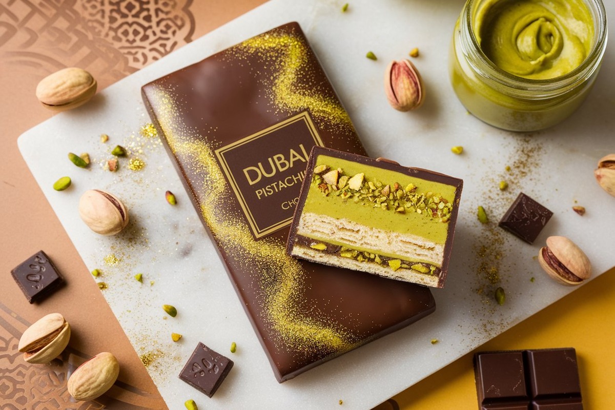 Dubai Pistachio Chocolate Bar with a glossy milk chocolate coating, dusted with gold glitter, revealing a vibrant green pistachio cream and crunchy kataifi filling on a marble surface.