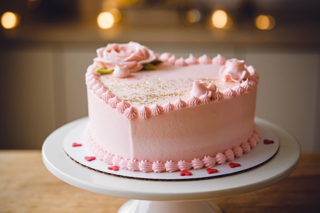 Beautifully decorated heart-shaped cake with pink buttercream, piped roses, and gold glitter on a white cake stand.