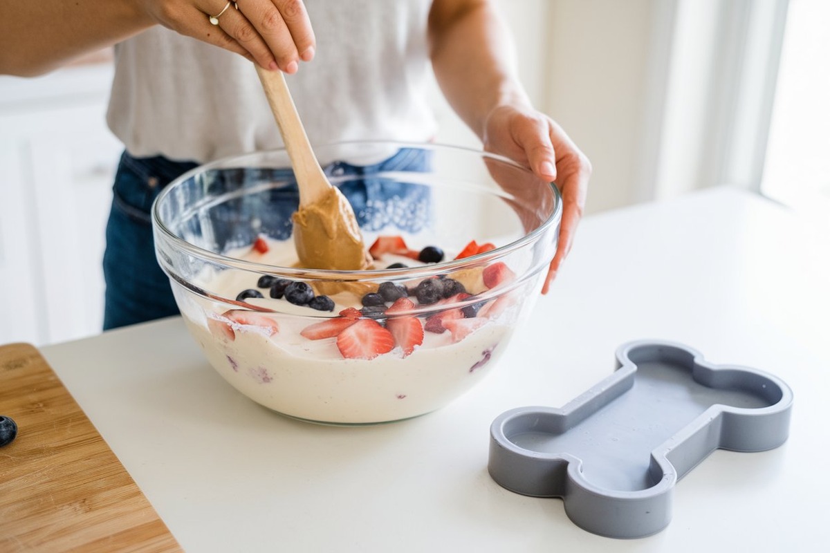 Person mixing pawpsicle ingredients in a large glass bowl in a bright kitchen, with a bone-shaped silicone mold nearby.