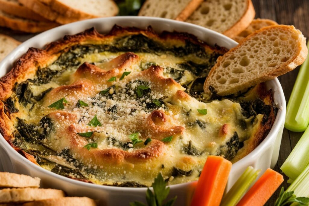 Freshly baked spinach artichoke dip in a white ceramic dish with a golden-brown top, surrounded by toasted baguette slices, crackers, and fresh vegetables.