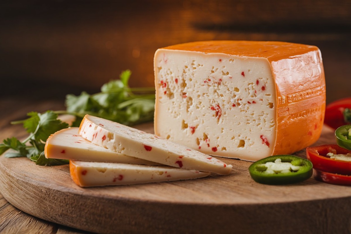 Close-up of a block of Pepper Jack cheese with slices, showcasing red and green pepper flecks on a wooden cutting board.