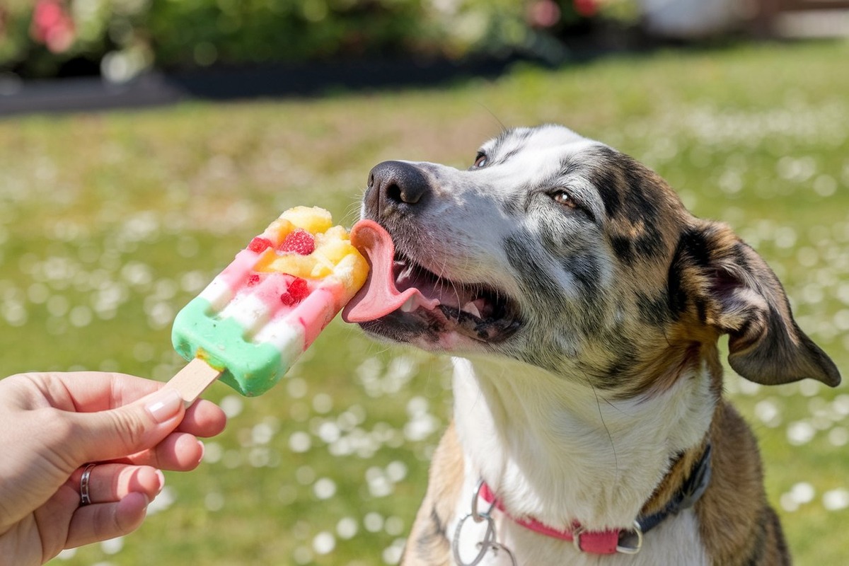 Dog licking a colorful pawpsicle, showcasing what pawpsicle recipes create, in a sunny backyard with green grass and flowers.