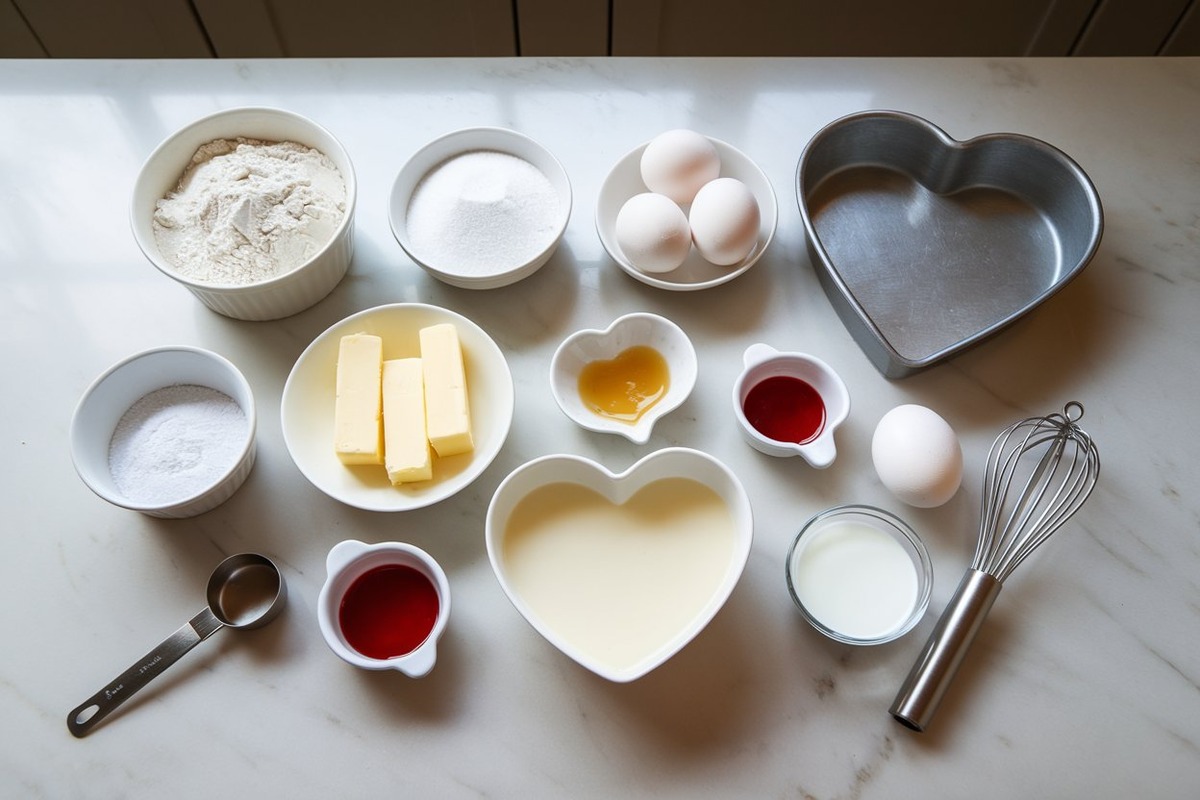 Neatly arranged ingredients for making a heart-shaped cake, including flour, sugar, butter, eggs, milk, vanilla extract, and red food coloring.