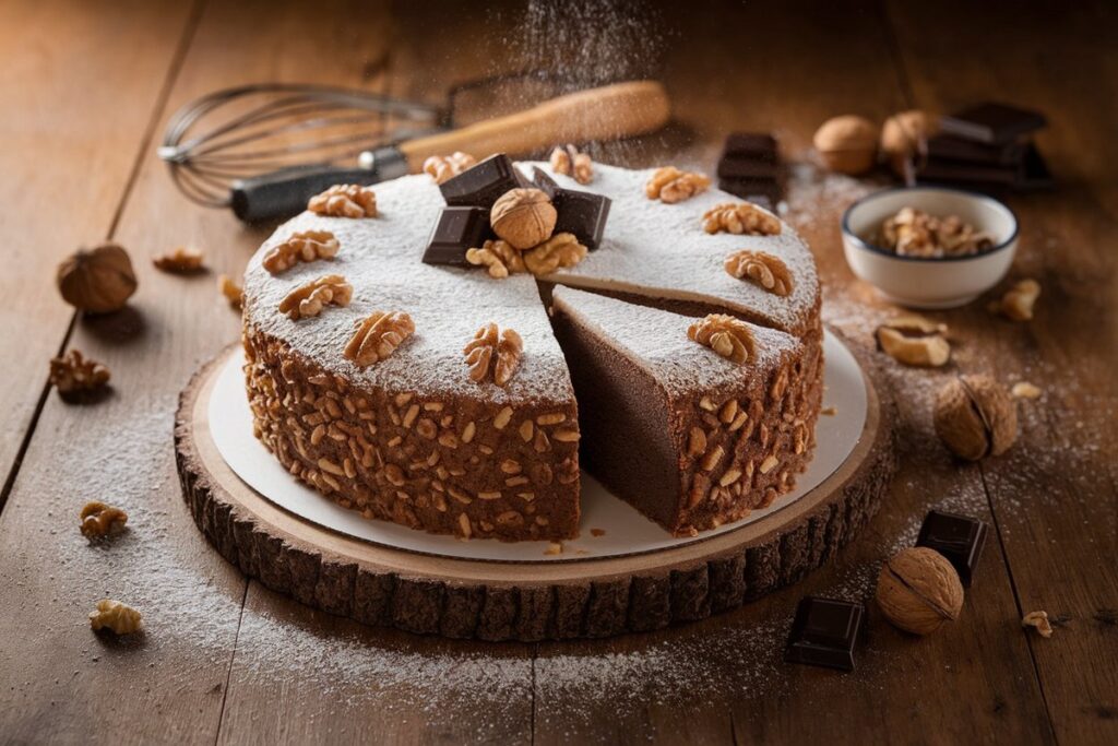 Rich and dense Bishop Cake topped with powdered sugar, garnished with walnuts and dark chocolate pieces on a rustic wooden table.