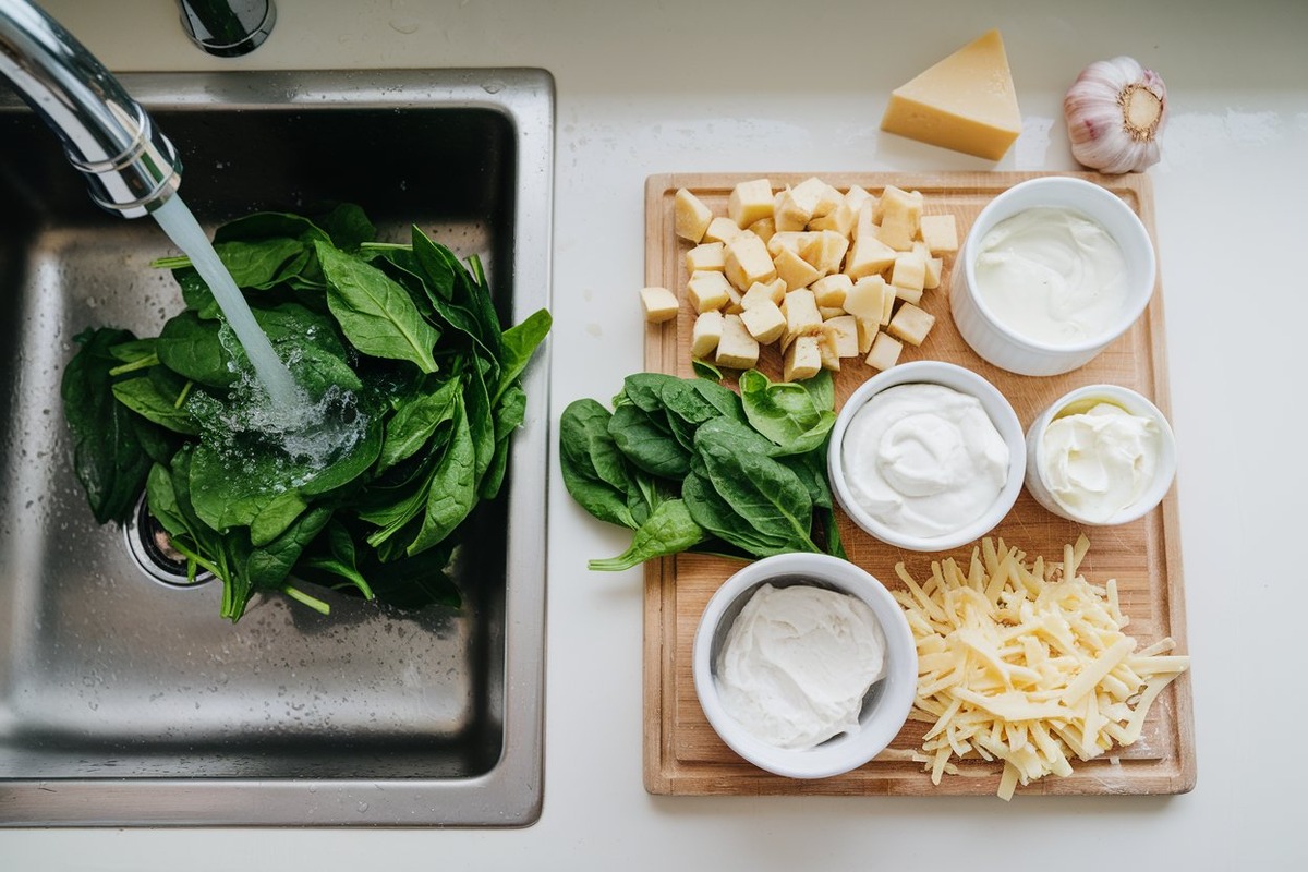 Ingredients for spinach artichoke dip on a bright kitchen countertop, including fresh spinach being washed, chopped artichoke hearts, cream cheese, sour cream, mayonnaise, shredded Mozzarella cheese, garlic, and Parmesan.