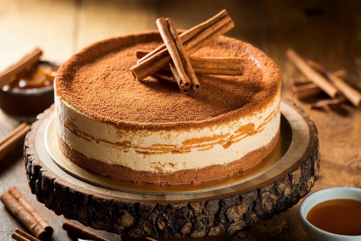 Churro Cheesecake on a wooden serving platter with a cinnamon-sugar crust, garnished with churro pieces and caramel sauce