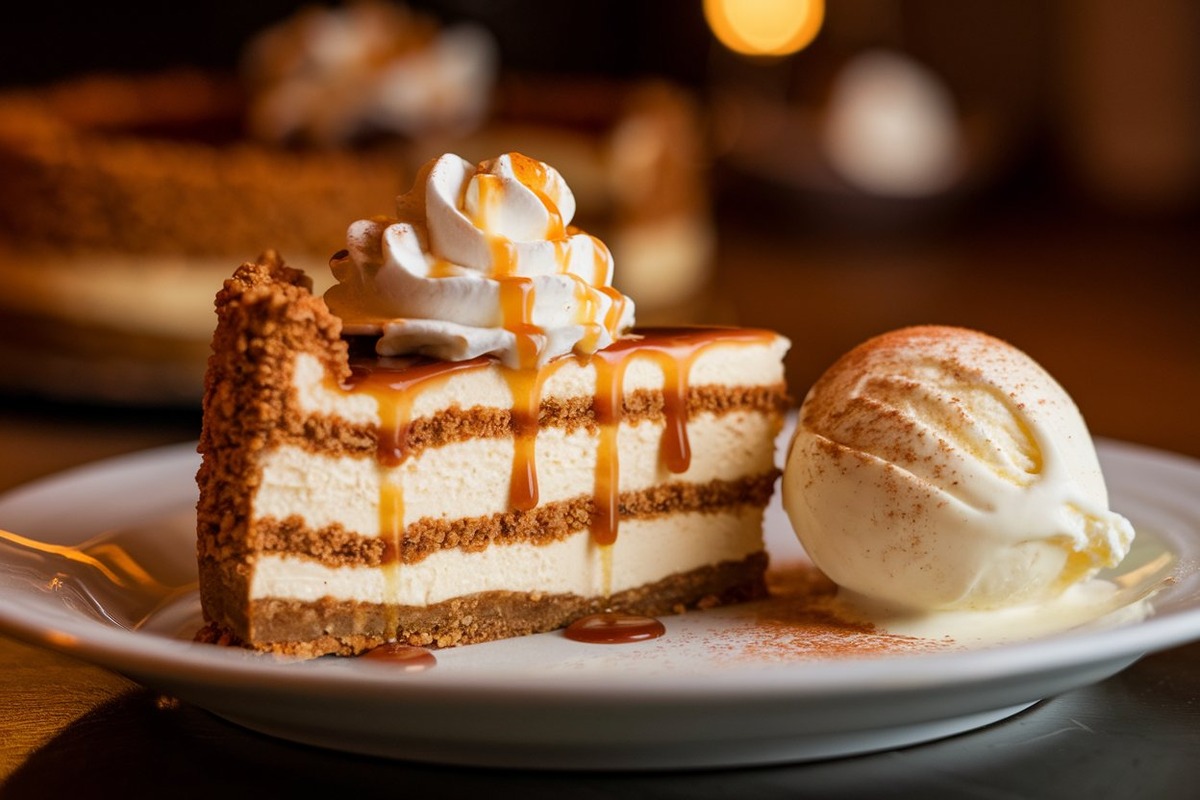 Close-up of a Churro Cheesecake slice on a white dessert plate, topped with caramel sauce, whipped cream, and served with vanilla ice cream.