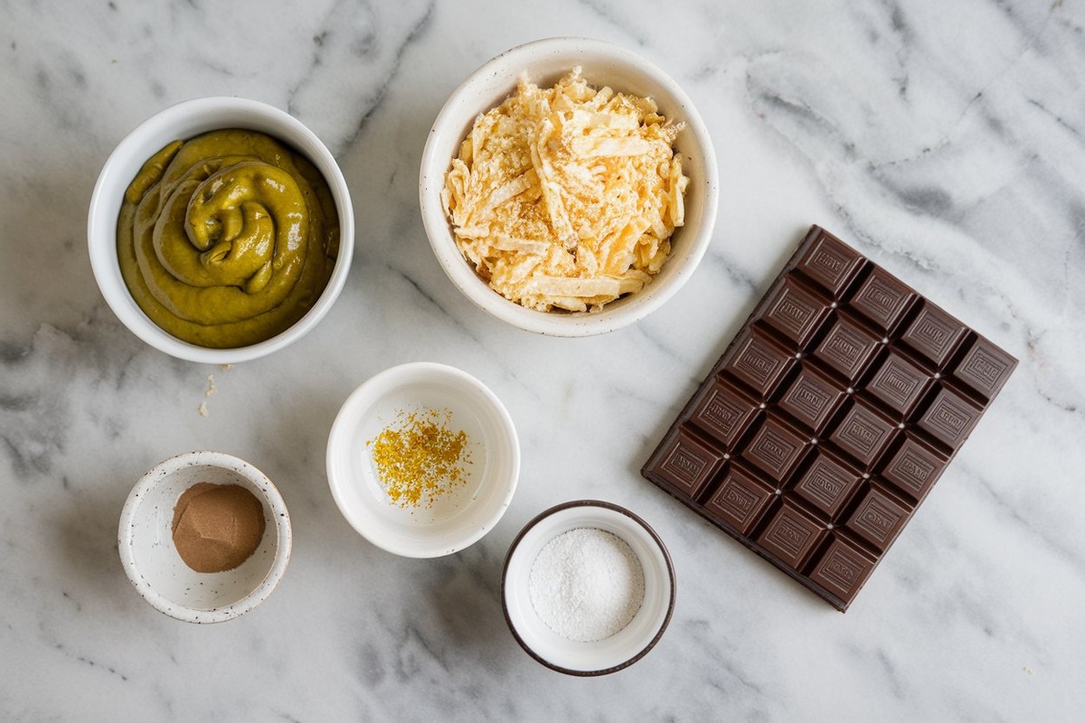 Step-by-step ingredients for making Dubai Pistachio Chocolate Bar, including pistachio cream, kataifi, chocolate blocks, tahini, and gold glitter.