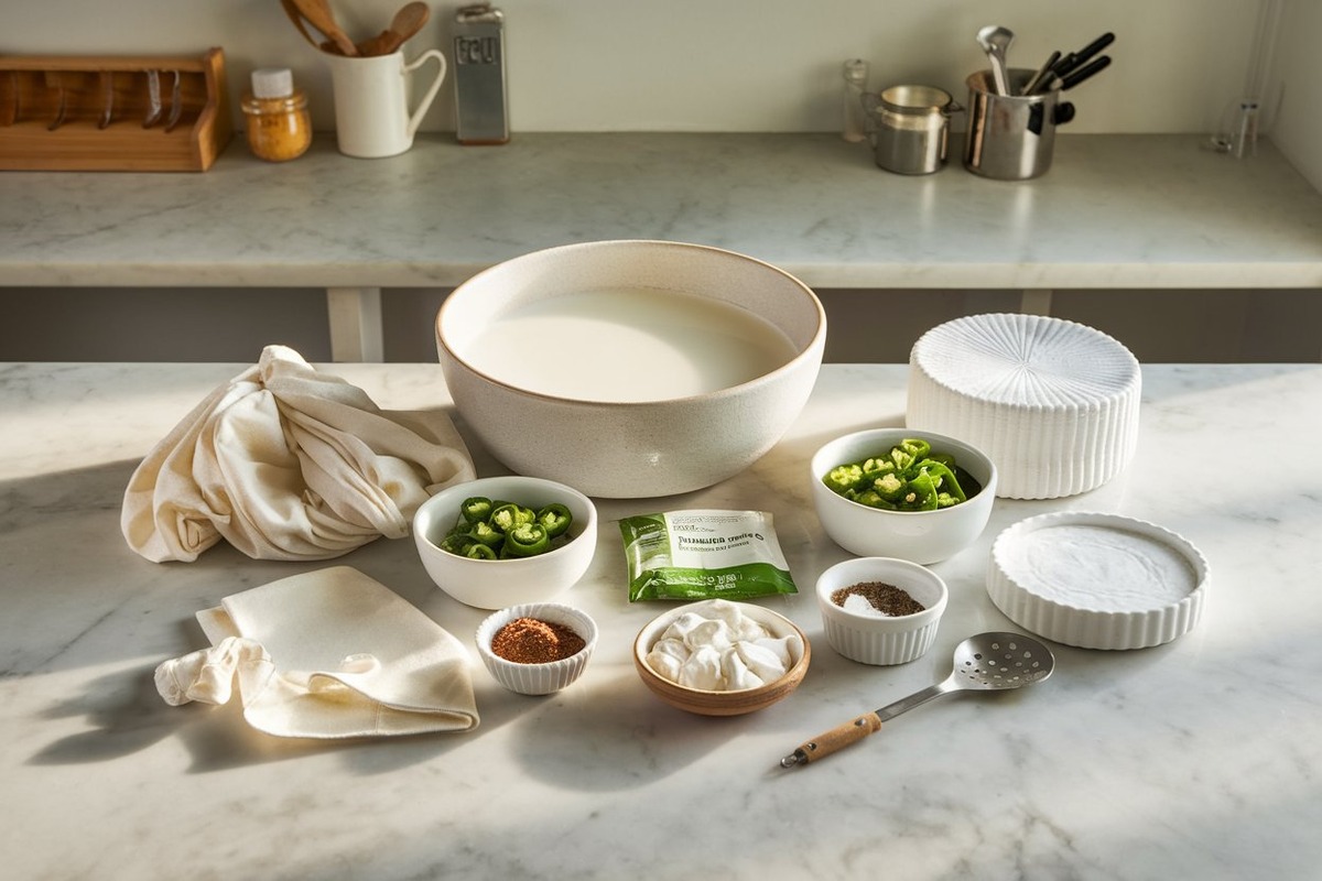 Ingredients for making Pepper Jack cheese, including milk, chopped jalapeños, rennet, starter culture, and cheese-making tools on a marble countertop.