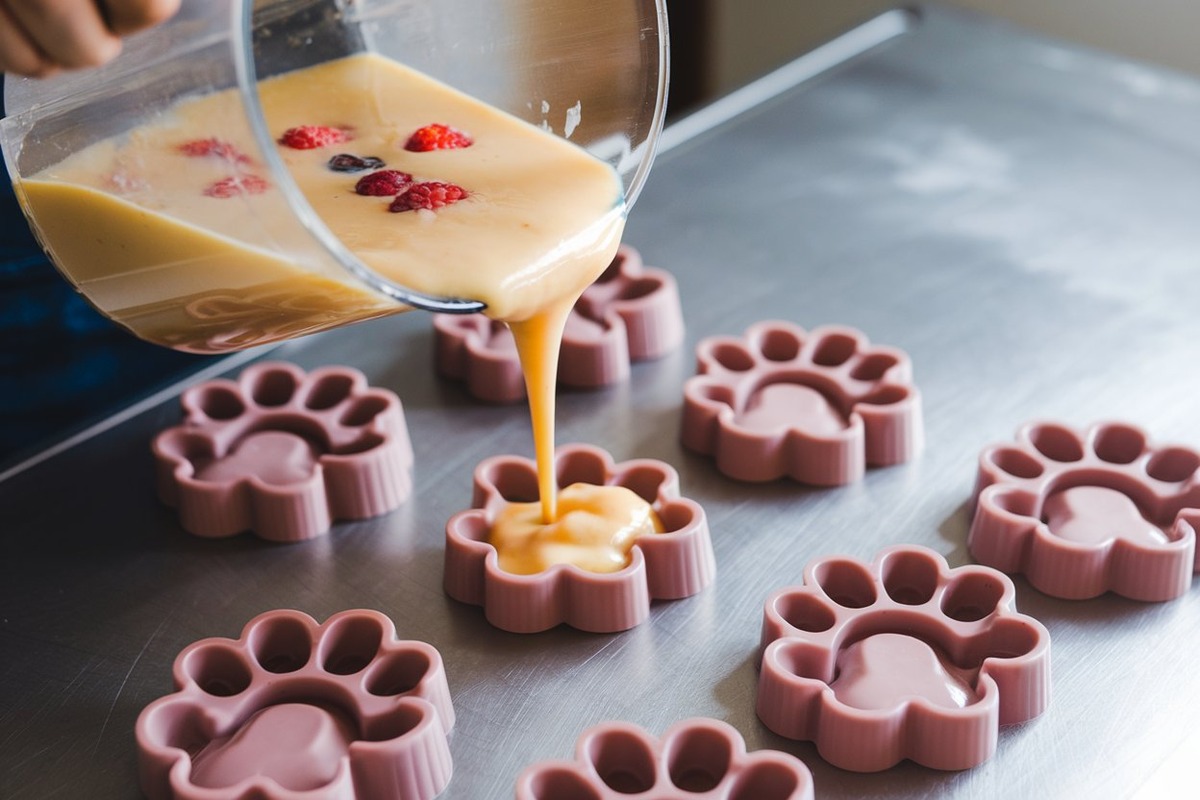 Pouring fruity pawpsicle mixture into paw-shaped silicone molds, showing a step in what pawpsicle recipes involve.