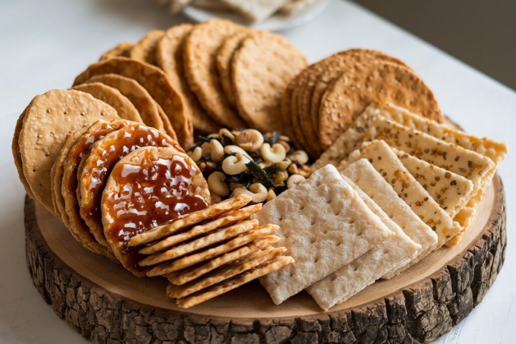 Assortment of rice crackers on a wooden platter showcasing different types including Senbei, Arare, and gluten-free varieties.