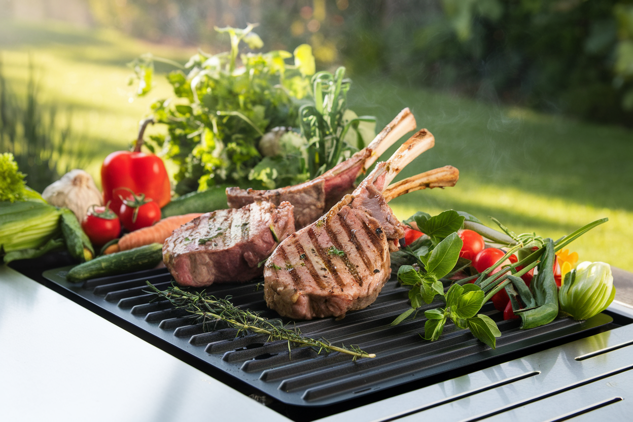 Grilled lamb chops on grill mats with fresh vegetables and herbs, showcasing a healthy outdoor meal