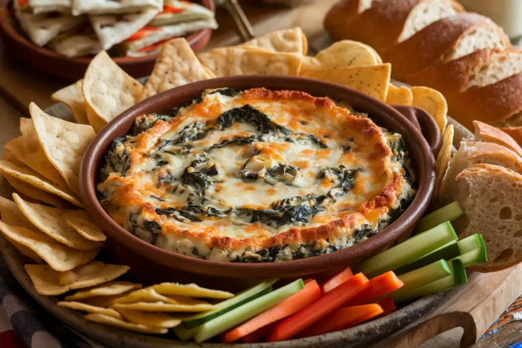 Chili's Bar and Grill copycat recipe spinach artichoke dip with a golden-brown crust, served in a rustic bowl surrounded by tortilla chips, pita bread, vegetable sticks, and crusty baguette slices.