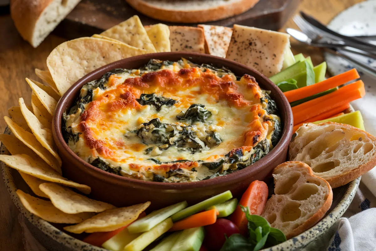 Chili's Bar and Grill copycat recipe spinach artichoke dip with a golden-brown crust, served in a rustic bowl surrounded by tortilla chips, pita bread, vegetable sticks, and crusty baguette slices.