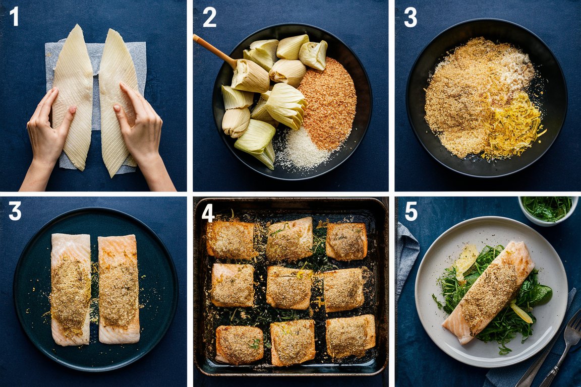 Image 1: Display fresh tilapia fillets being patted dry with paper towels.
Image 2: Show artichoke hearts, parmesan cheese, breadcrumbs, garlic, and lemon zest being mixed in a bowl to create the topping.
Image 3: Illustrate the tilapia fillets on a baking sheet being topped with the artichoke-parmesan mixture.
Image 4: Capture the baking process, showing the tilapia fillets in the oven with the topping turning golden brown.
Image 5: Present the final dish, with the tilapia fillets plated and garnished with fresh herbs and lemon wedges.