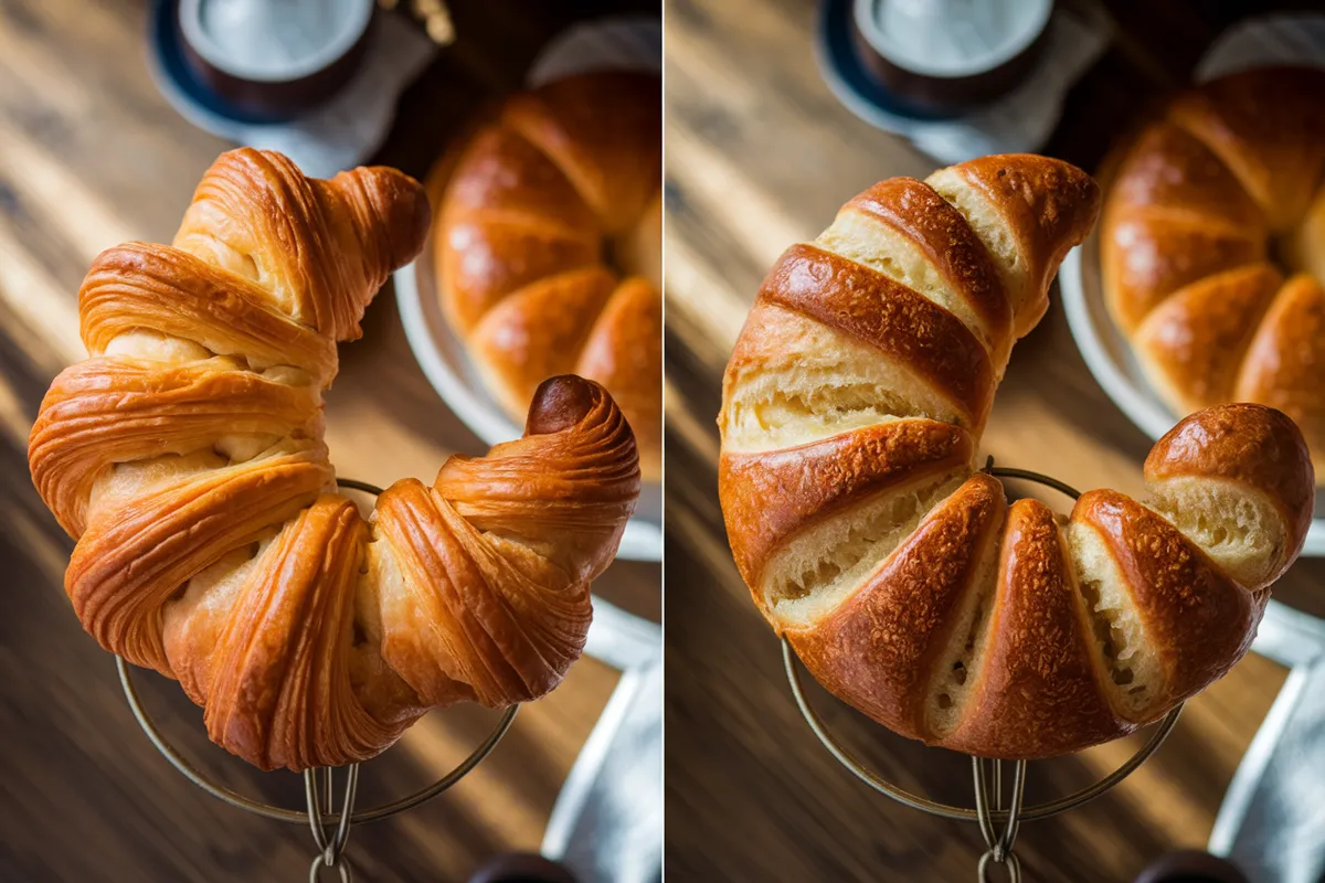 Side-by-side comparison of a French croissant and a Swiss Gipfeli showcasing their differences in texture and appearance.