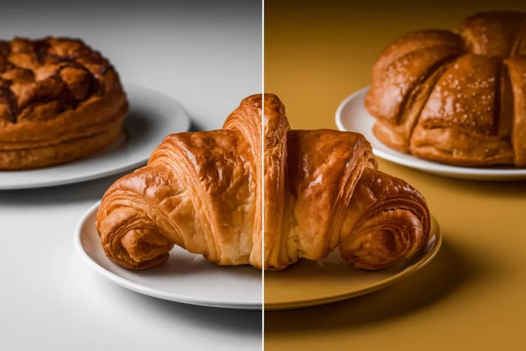 Side-by-side comparison of a French croissant and a Swiss Gipfeli showcasing their differences in texture and appearance.