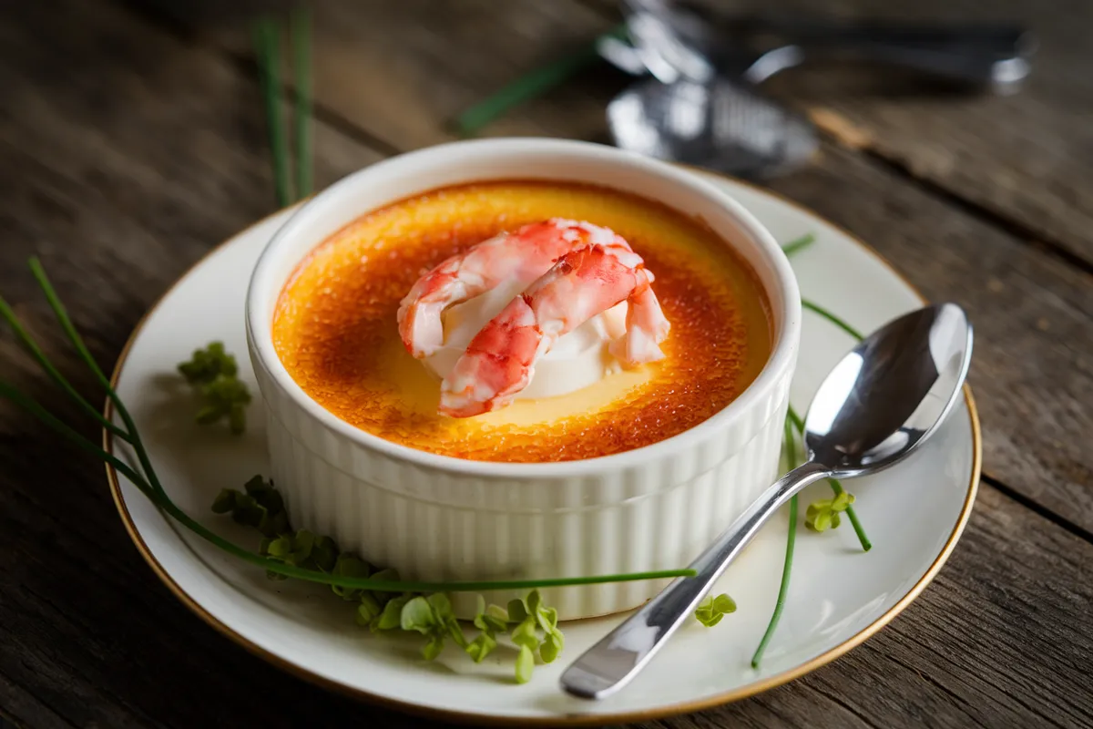 Crab Brulee served in a ramekin with a caramelized sugar crust and fresh chives.