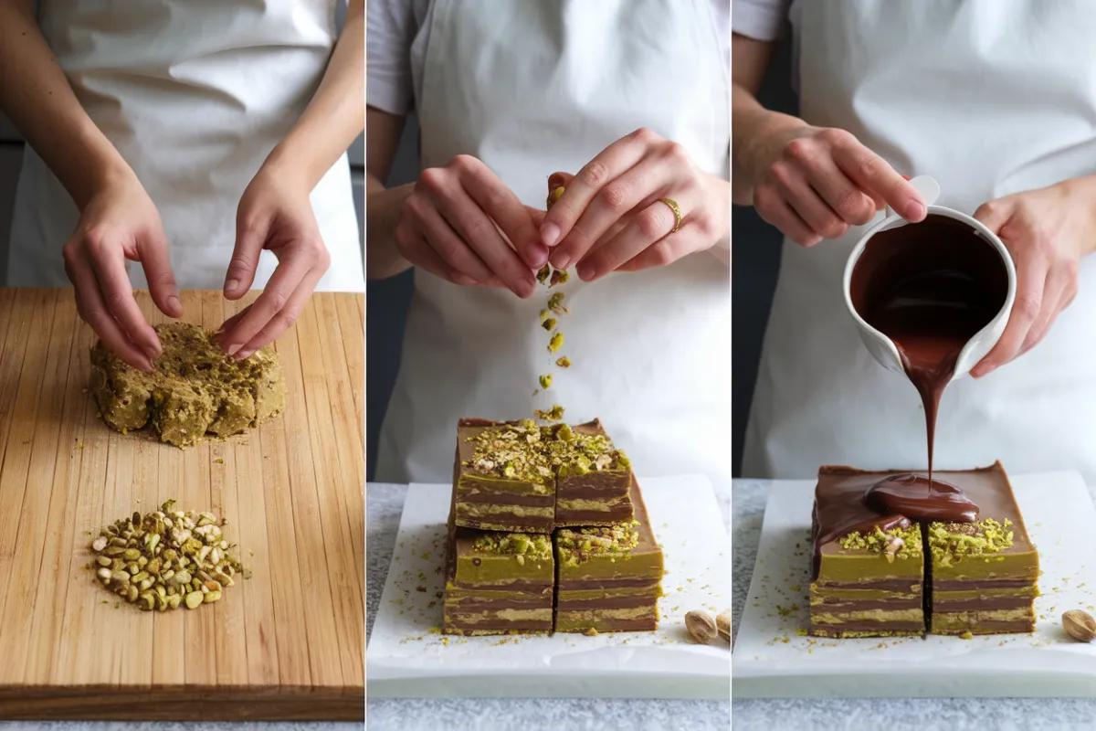 Steps to make a Pistachio Knafeh Chocolate Bar, from preparing Knafeh pastry to layering pistachios and pouring chocolate.