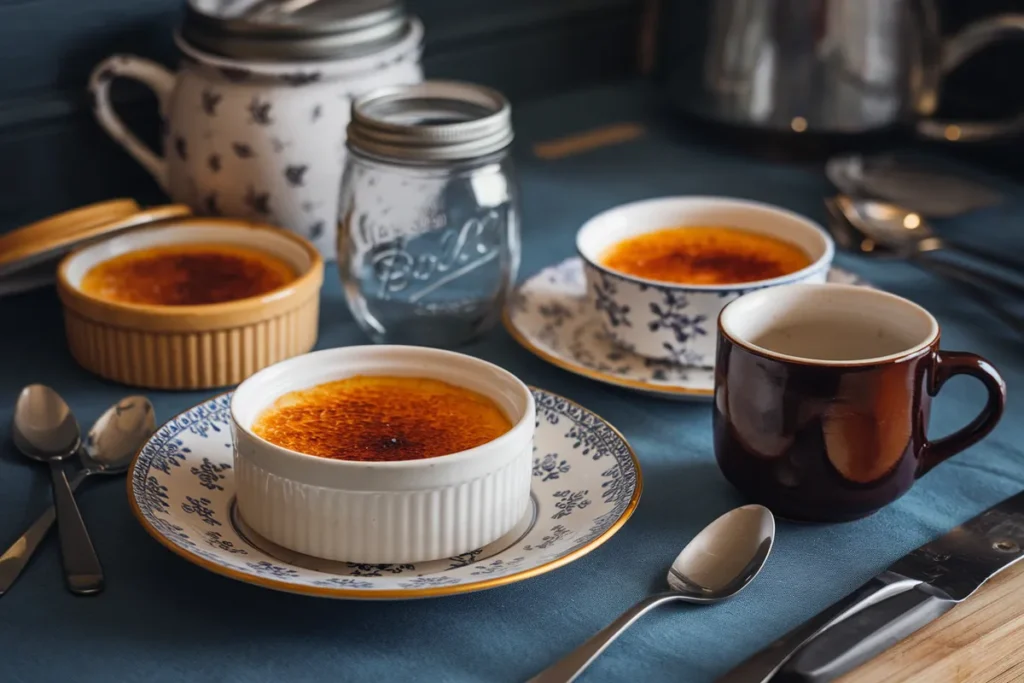 Image showing a traditional crème brûlée in a white ramekin, placed next to alternative dishes like a glass jar, ceramic bowl, and coffee mug, all filled with crème brûlée, questioning whether ramekins are necessary.