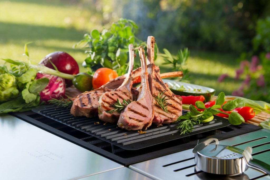 Grilled lamb chops on grill mats with fresh vegetables and herbs, showcasing a healthy outdoor meal