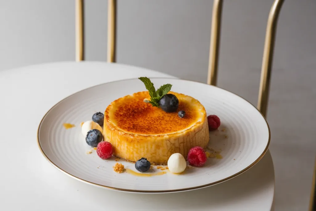 A perfectly caramelized crème brûlée dessert with a cracked golden sugar crust, garnished with fresh berries and mint, on a white plate.