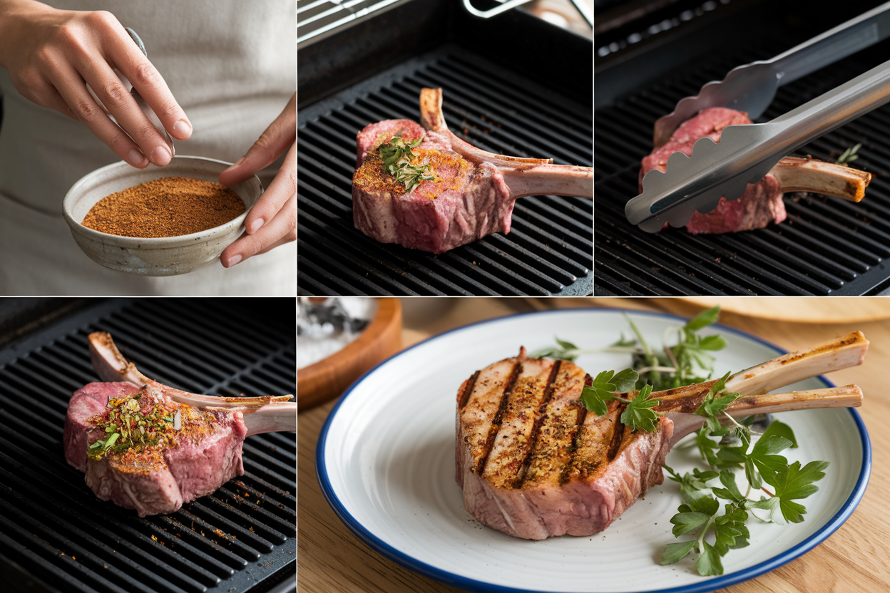 Visual sequence showing the steps to grill lamb chops on grill mats, from seasoning to serving.