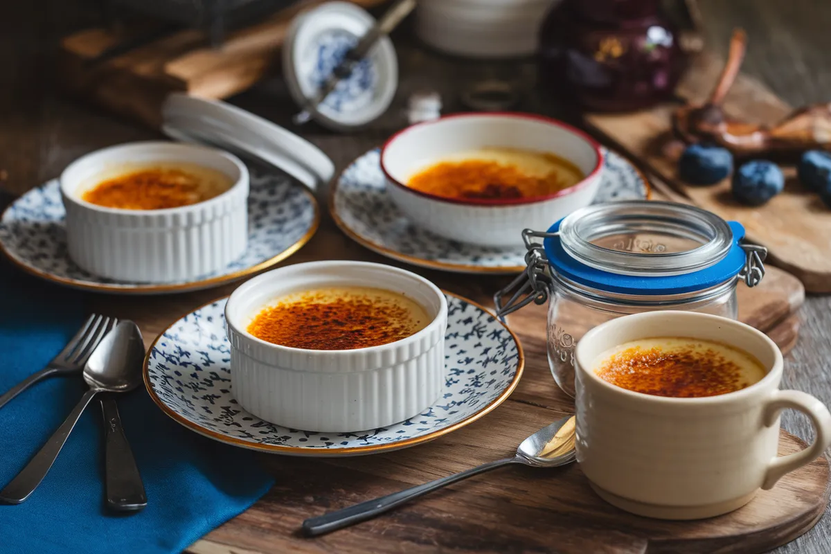 Image showing a traditional crème brûlée in a white ramekin, placed next to alternative dishes like a glass jar, ceramic bowl, and coffee mug, all filled with crème brûlée, questioning whether ramekins are necessary.