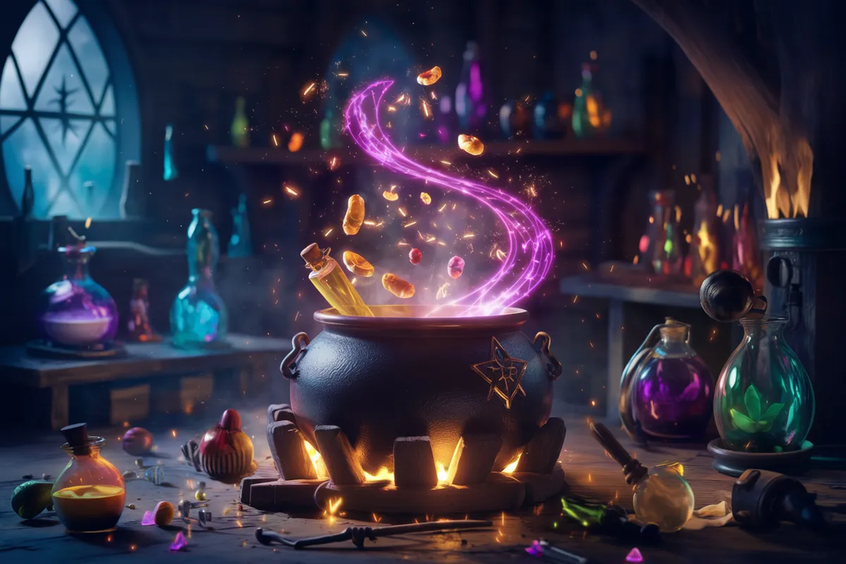 An illustration showing the Thunderbrew recipe being crafted in a wizard’s workshop, with glowing ingredients swirling above a cauldron.