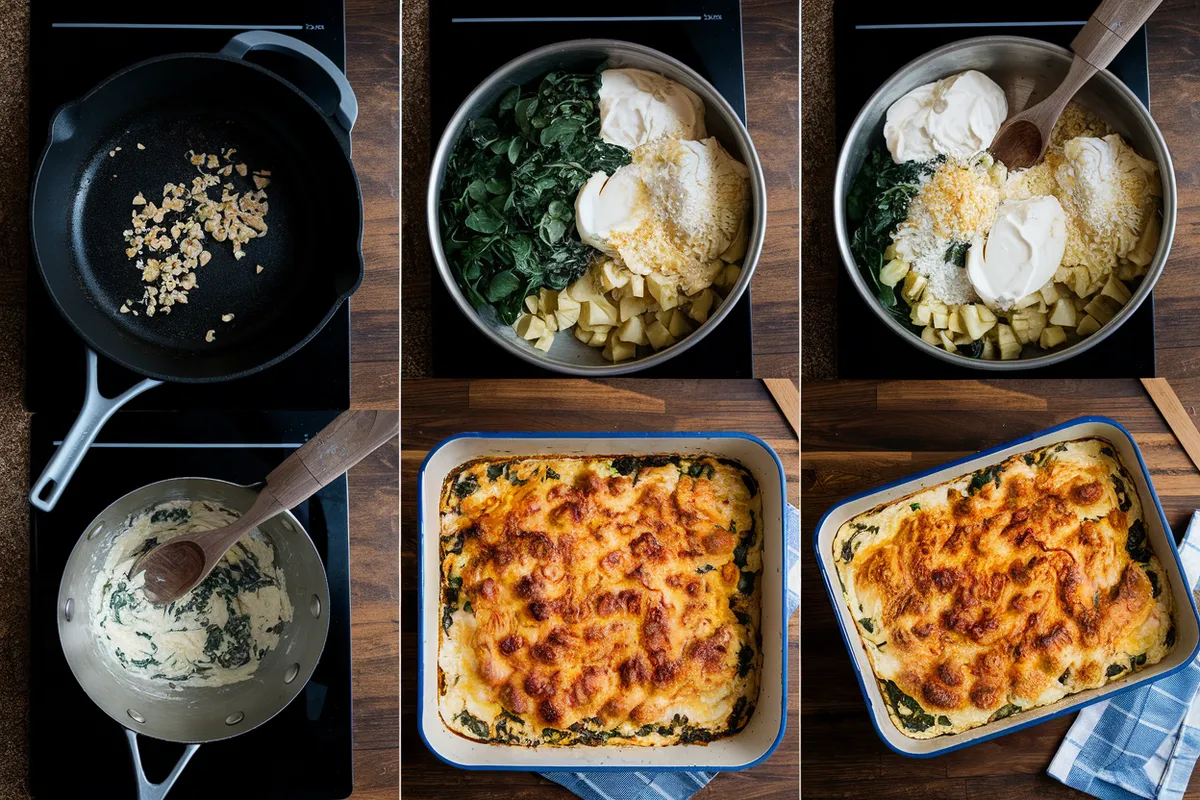 Step-by-step images of Chili's Bar and Grill copycat recipe spinach artichoke dip, from sautéing garlic to mixing ingredients, transferring to a baking dish, and achieving a golden-brown crust.