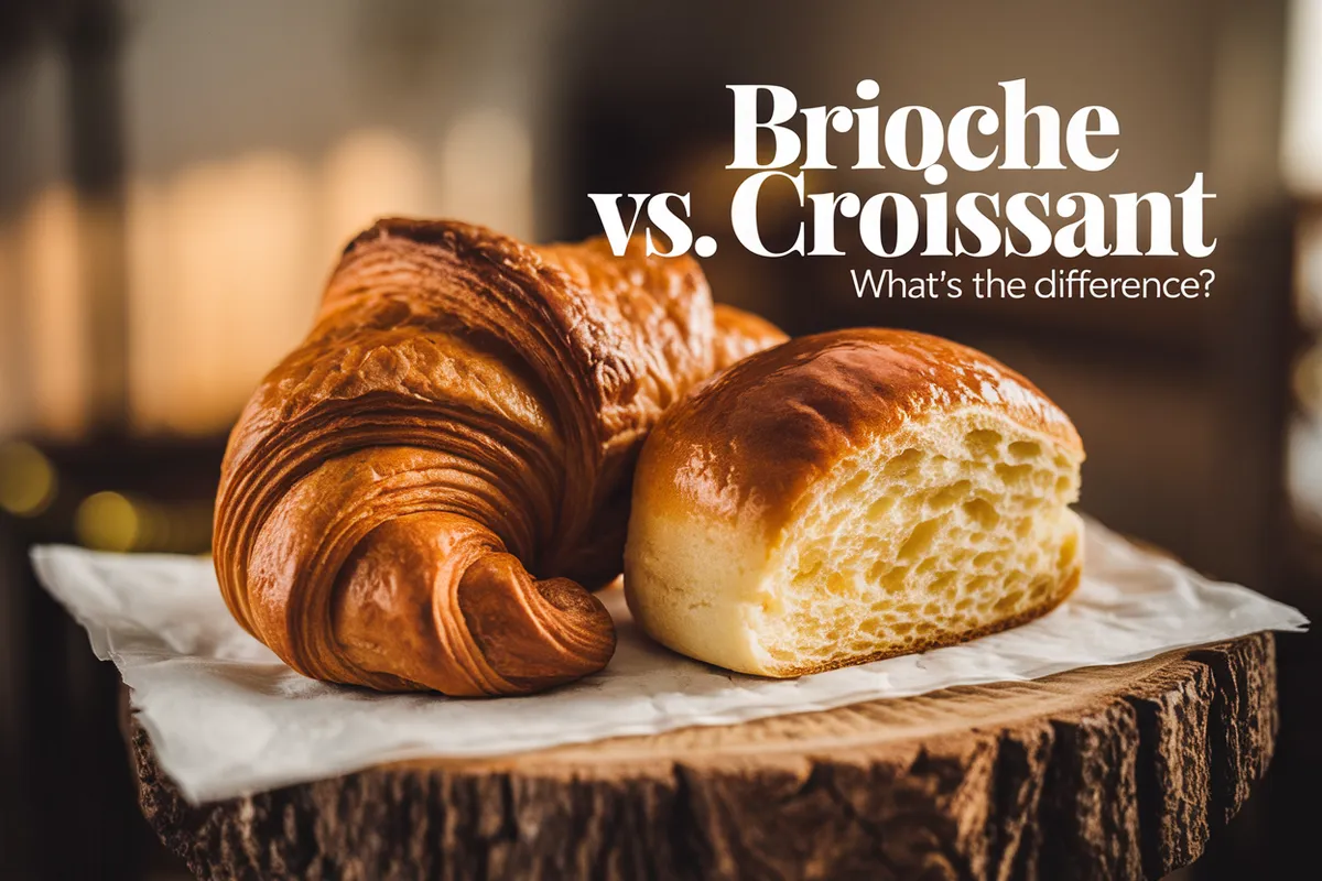 A close-up image of a golden croissant and a fluffy brioche on a rustic wooden table, highlighting the textures and contrasts between the two French pastries.