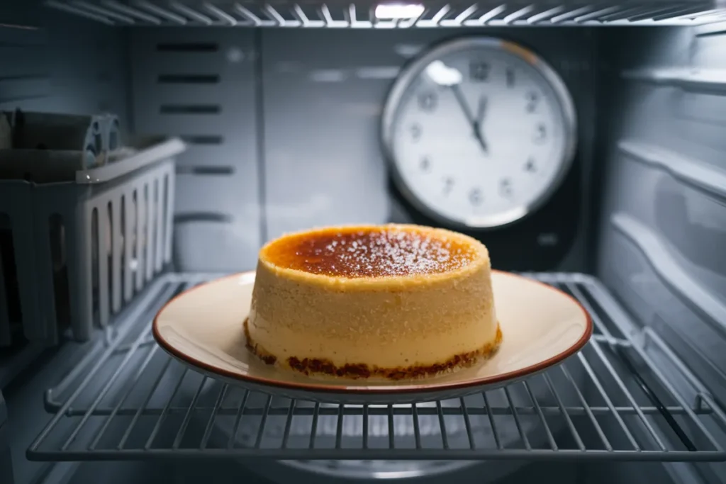 Crème brûlée setting in the fridge with caramelized sugar crust, highlighting the necessary refrigeration time for perfect texture.