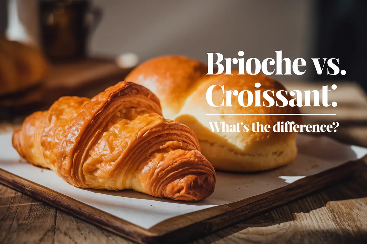 A close-up image of a golden croissant and a fluffy brioche on a rustic wooden table, highlighting the textures and contrasts between the two French pastries.