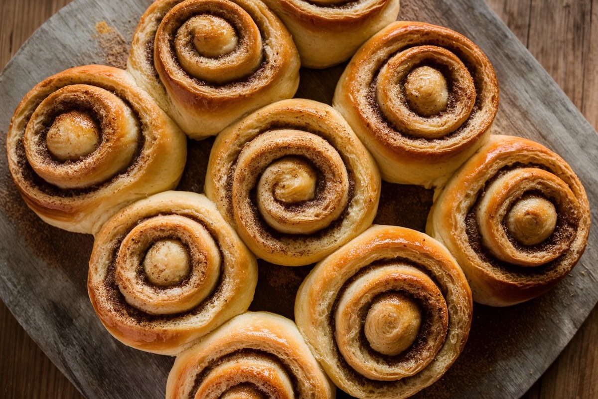 Golden, flaky morning buns dusted with cinnamon sugar, displayed on a wooden board with layers of croissant dough and caramelized edges.