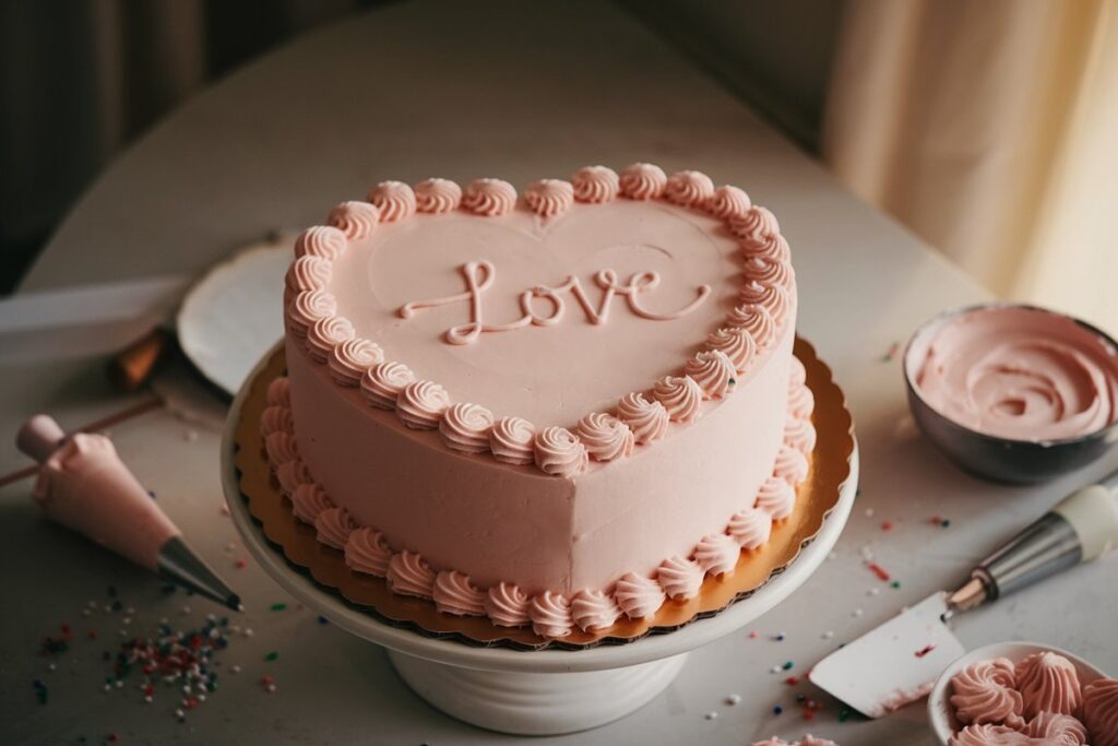 Heart-shaped cake with pink buttercream frosting and intricate piping on a kitchen table with baking tools.