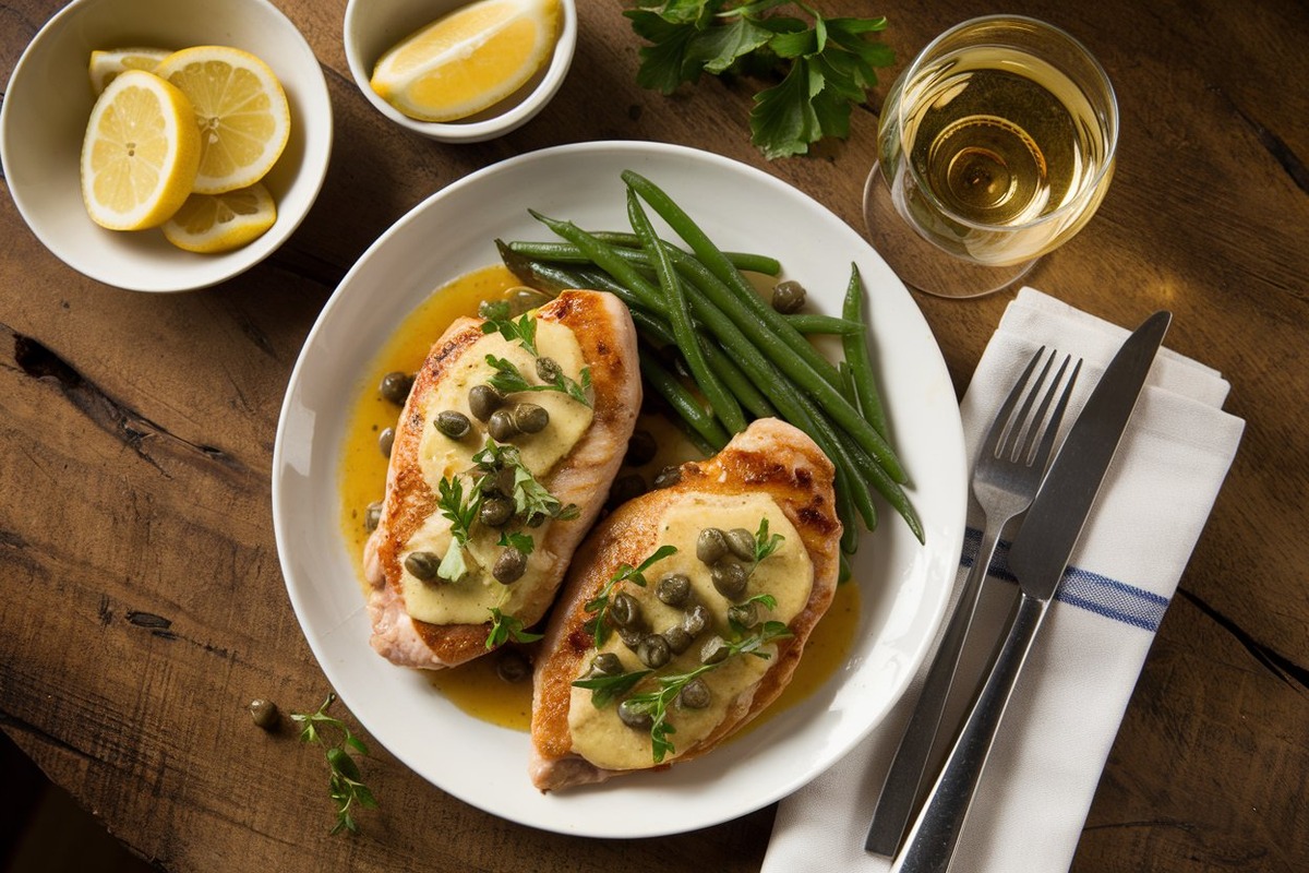 How to make Piccata: Chicken Piccata with golden-brown cutlets, lemon-butter sauce, and capers, served with green beans and white wine.