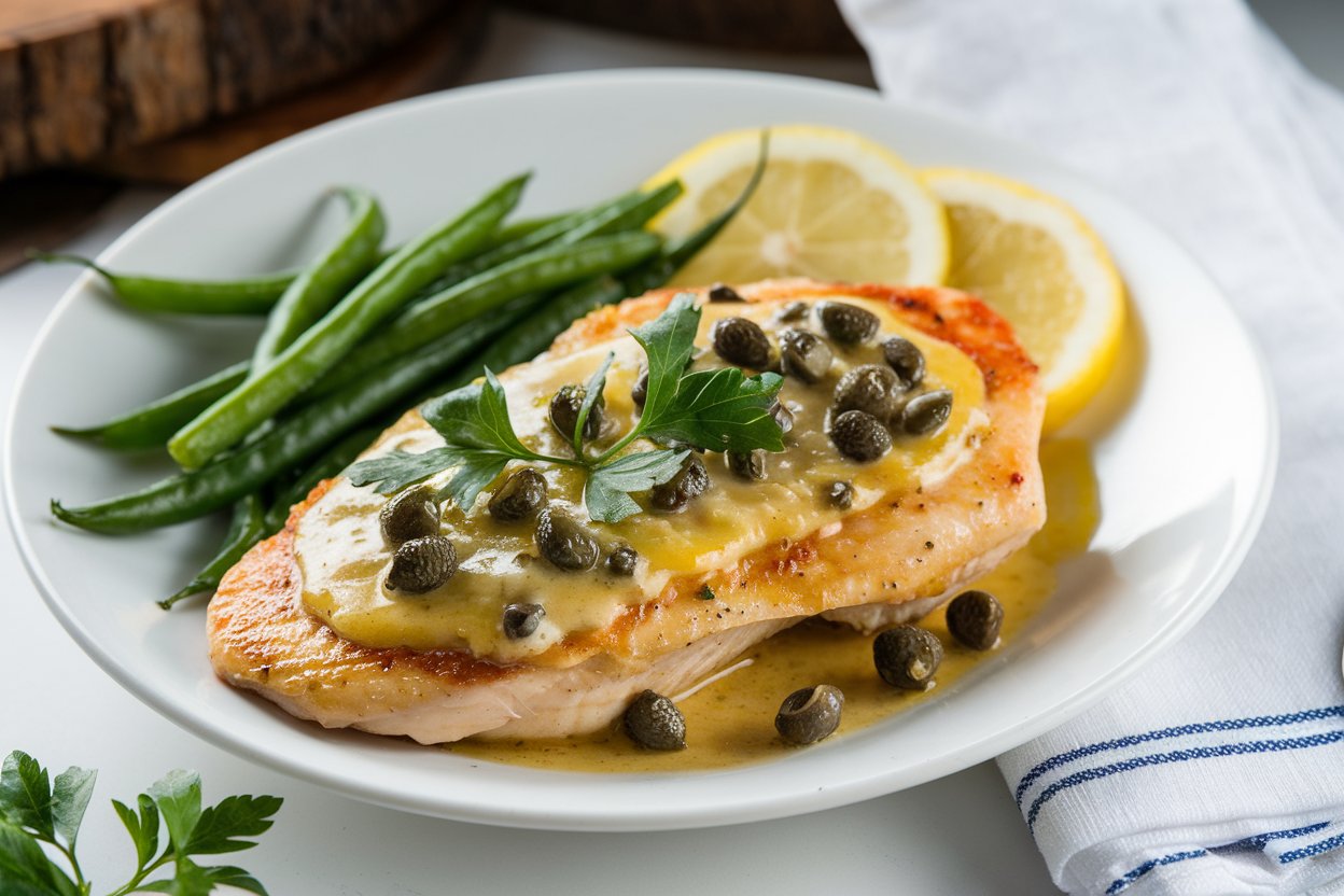 Chicken Piccata served with lemon-butter sauce, capers, and green beans on a white plate, garnished with fresh parsley.